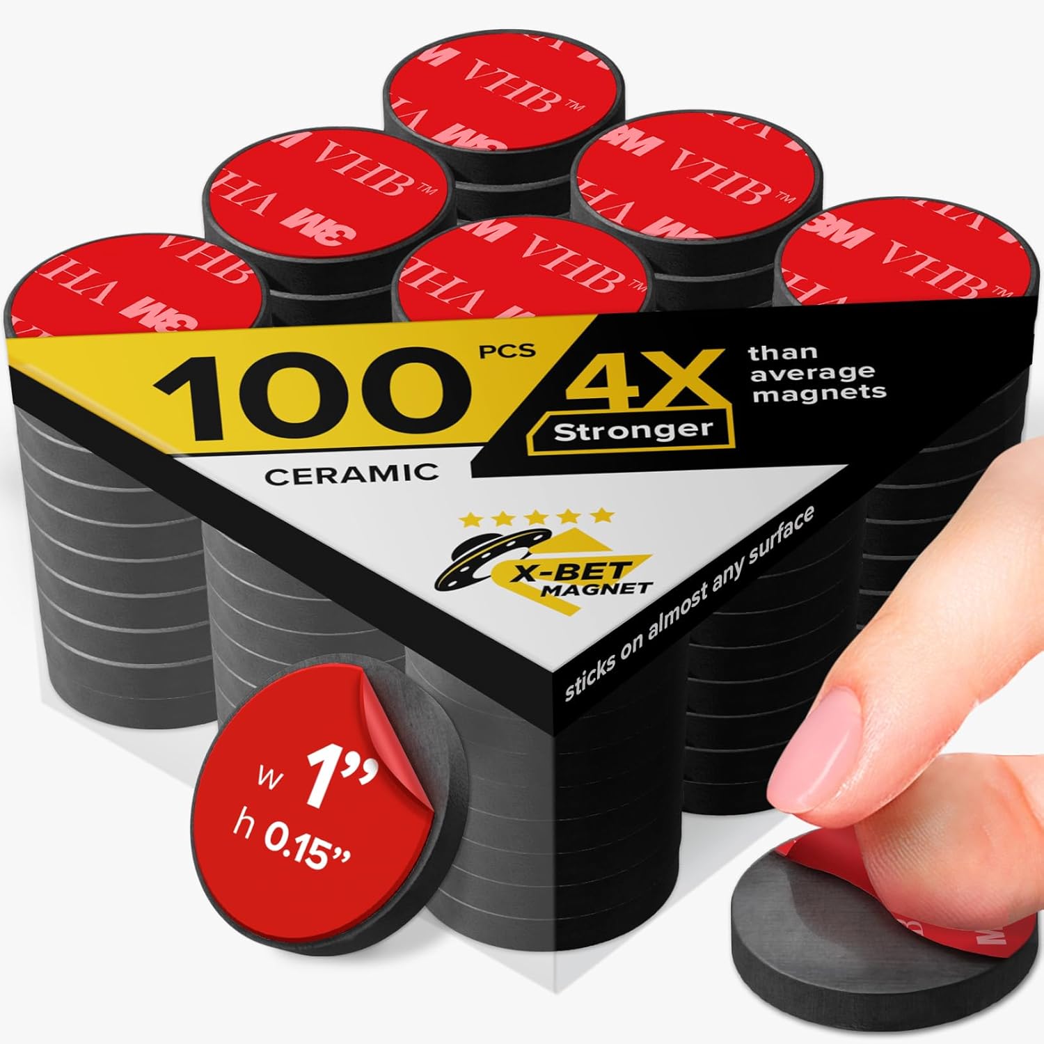 Adhesive Magnets - Ferrite Magnetic - 100 Pieces - Round Disc - Strong Sticky Adhesive Backing - Ceramic - 1"x0.15"