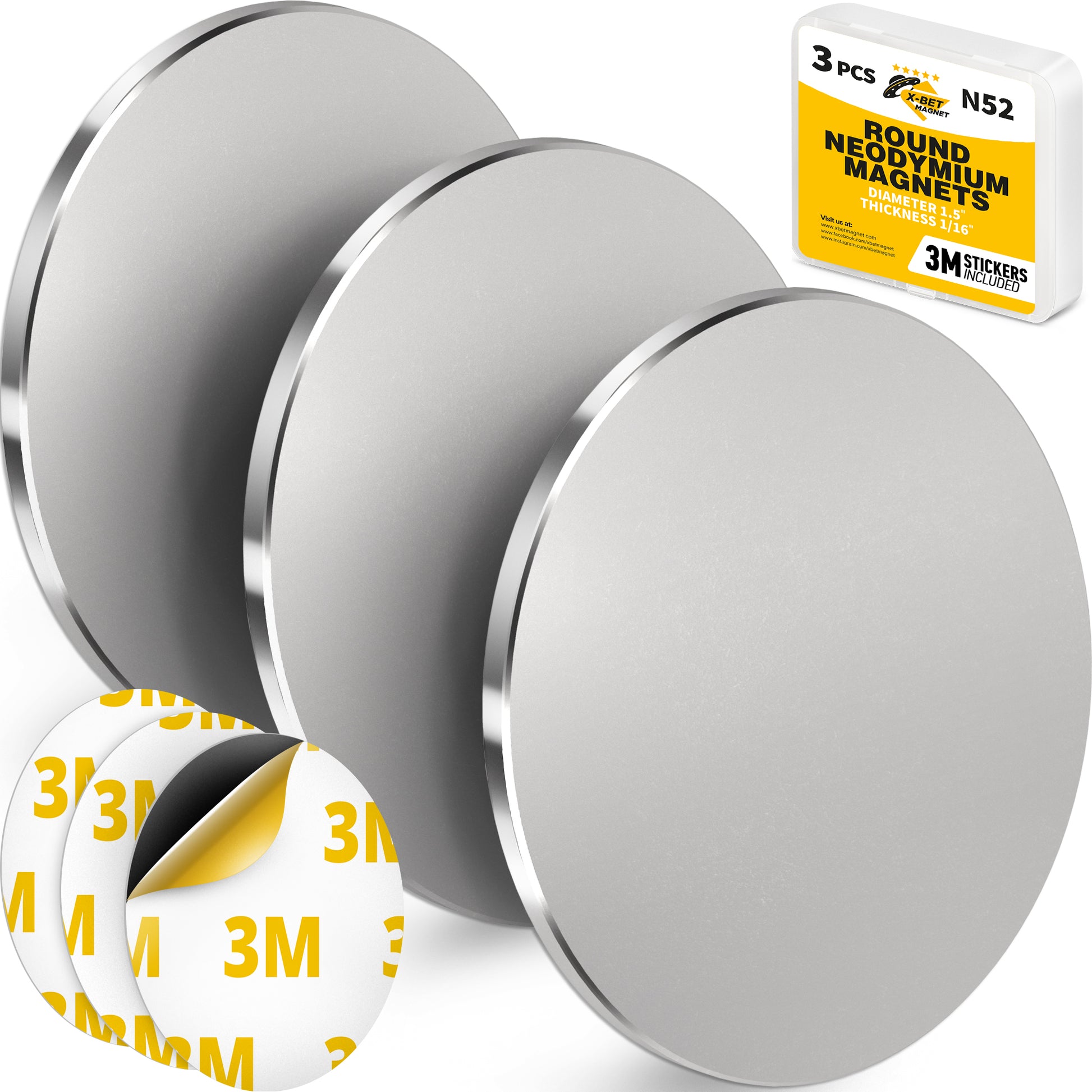 Super Strong Neodymium Disk Magnets with Adhesive Backing 1.5" – Round Rare Earth Magnets 3 PCs - Heavy Duty Neodymium N52 Magnets