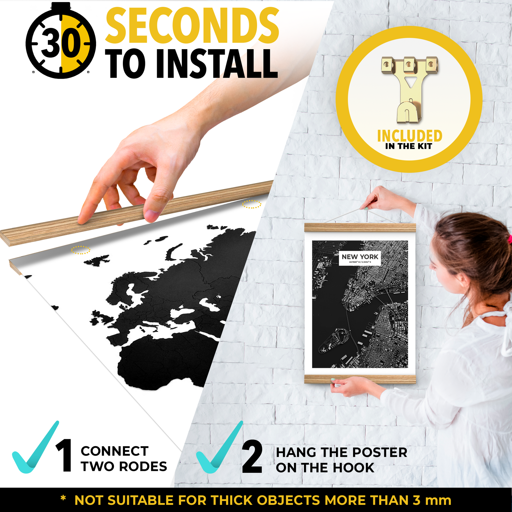 Magnetic Poster Hanger Frame 12" – Magnetic Hanging Frame Ash Wood –  Poster Holder for Pictures, Photos, Prints, Maps and Canvas Artwork