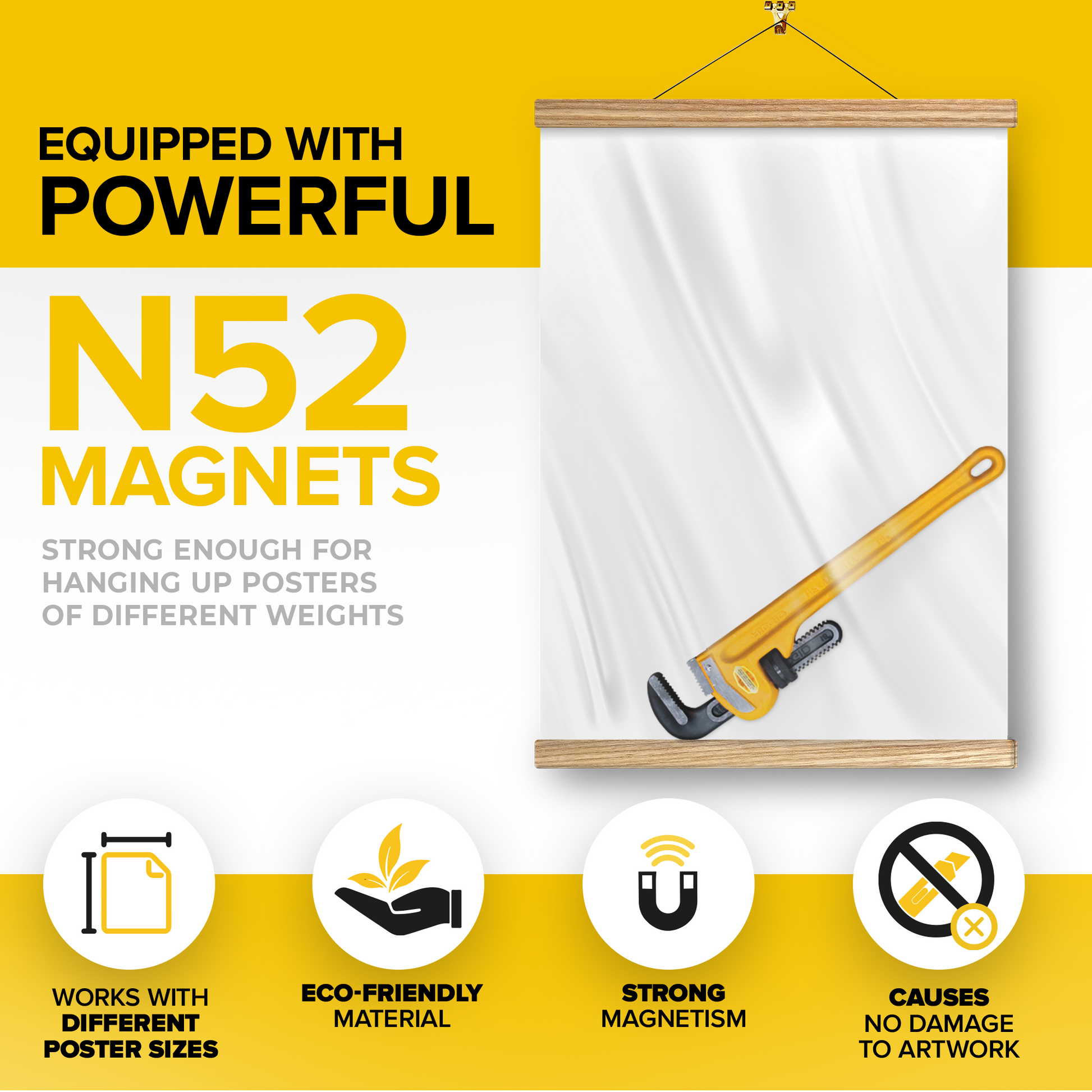 Magnetic Poster Hanger Frame 12" – Magnetic Hanging Frame Ash Wood –  Poster Holder for Pictures, Photos, Prints, Maps and Canvas Artwork