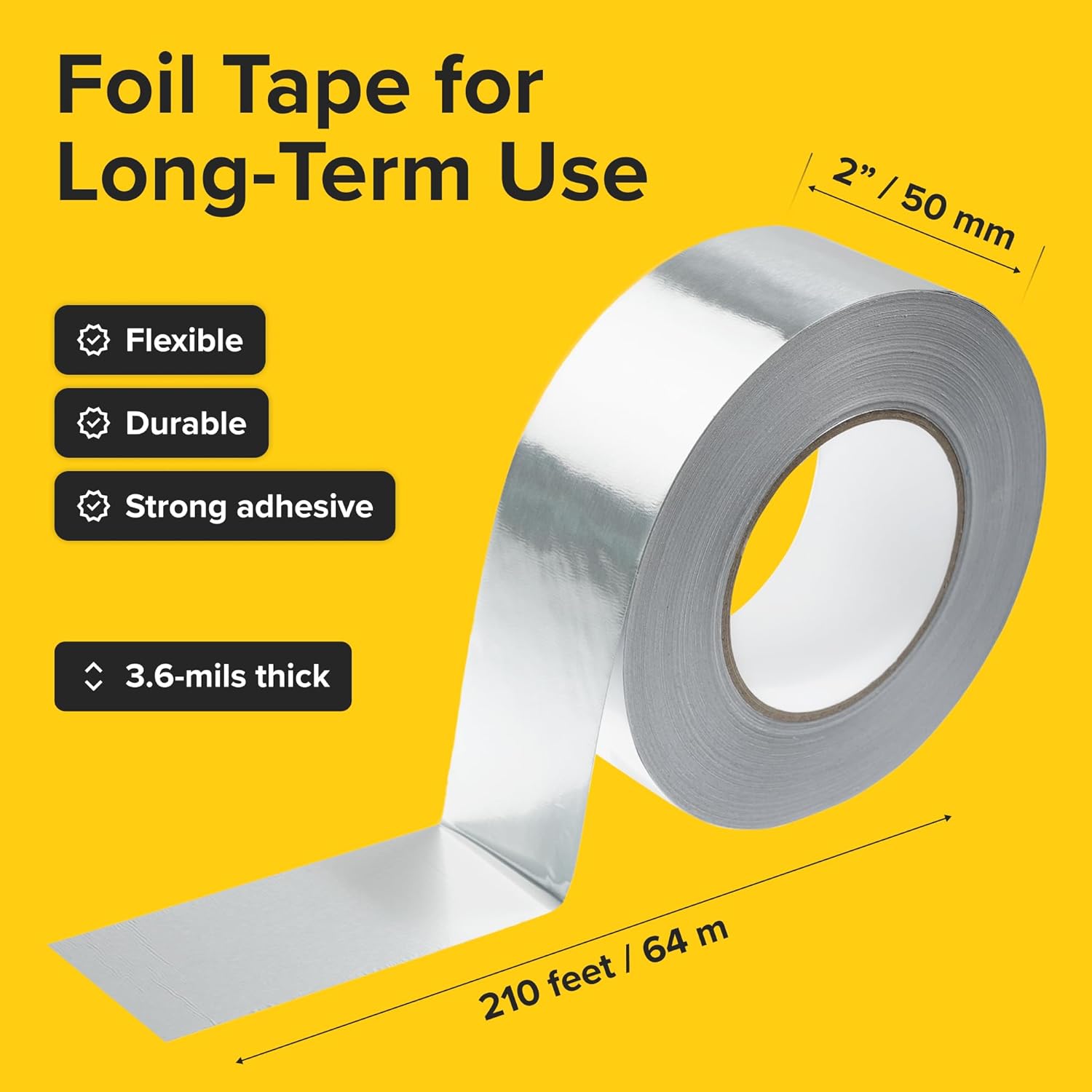 Aluminum Foil Tape - 2 Inch x 210 Feet x 3.6 Mil - Heavy Duty, Waterproof, High Temperature Insulation Adhesive for HVAC