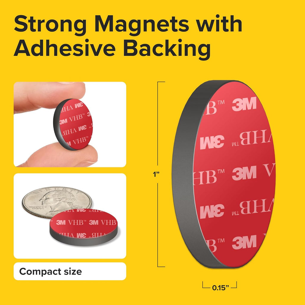 Adhesive Magnets - Ferrite Magnetic - 100 Pieces - Round Disc - Strong Sticky Adhesive Backing - Ceramic - 1"x0.15"
