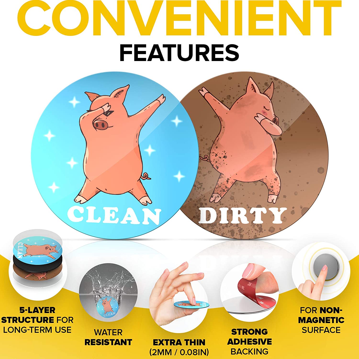 Dishwasher Magnet Clean Dirty Sign Indicator - Magnets for Kitchen - Double Sided Flip - With Bonus Metal Magnetic Plate