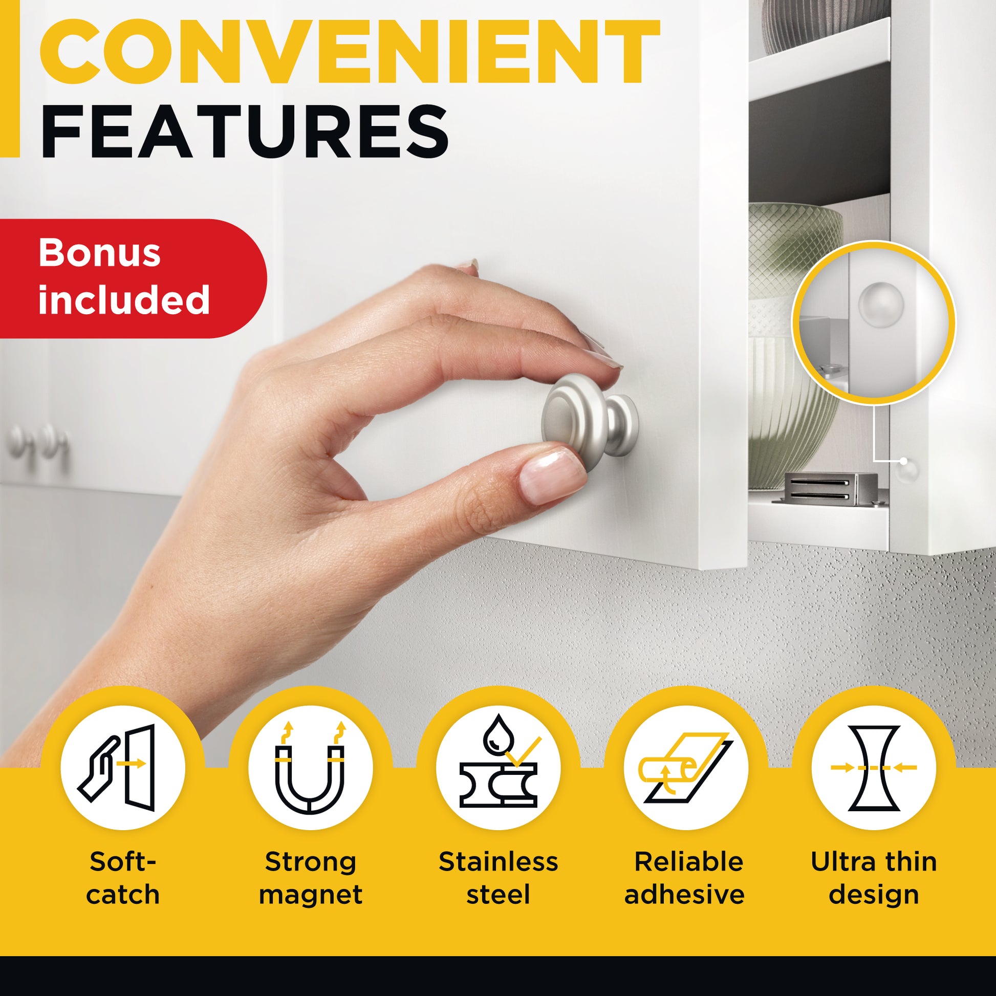 Magnetic Door Catch Adhesive - Cabinet Door Magnets Heavy Duty 2 PCs- Cabinet Door Magnetic Catch - Stainless Steel Drawer