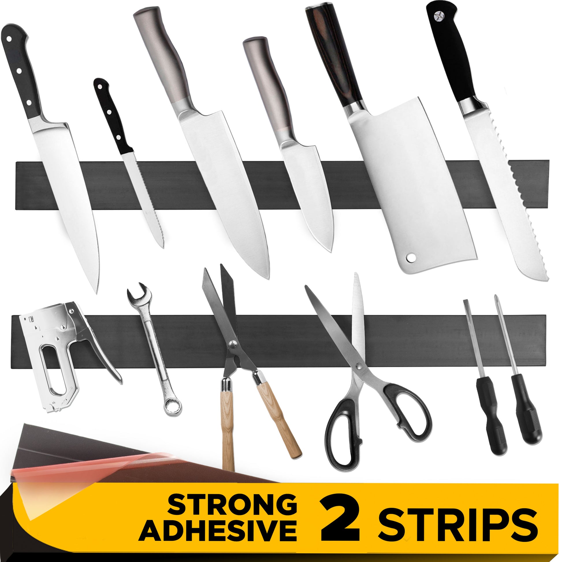 Adhesive Magnetic Strip - Knife Holder - Kitchen Utensil Holder - Tool Holder for Garage - Kitchen Organizer - 2 PCs
