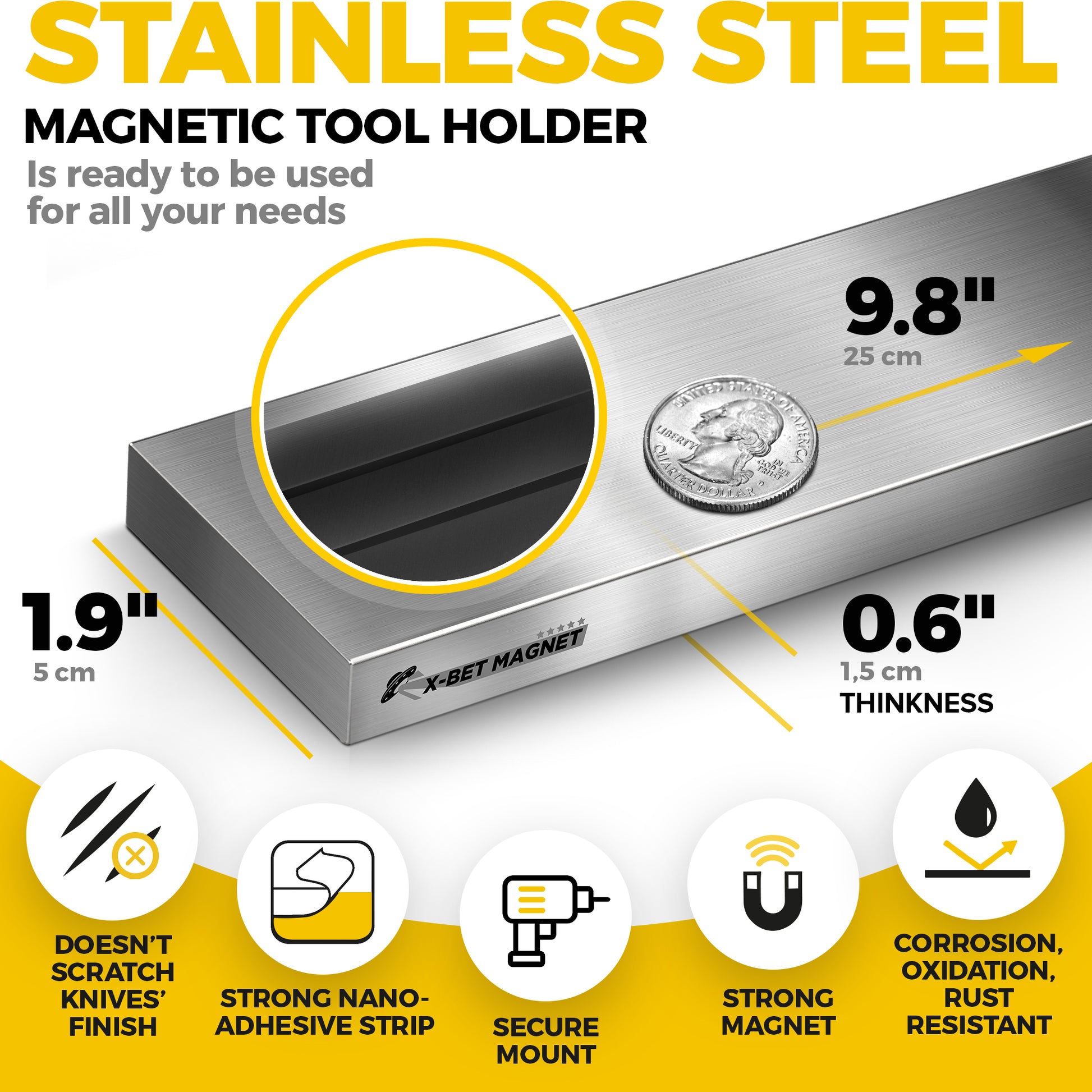 Knife Magnetic Strip 10" with Adhesive – Magnetic Knife Holder for Wall no Screws - Tool Holder and Kitchen Organizer