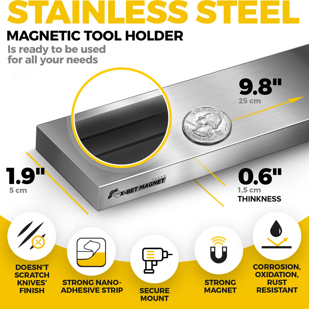 Knife Magnetic Strip 10" with Adhesive – Magnetic Knife Holder for Wall no Screws - Tool Holder and Kitchen Organizer