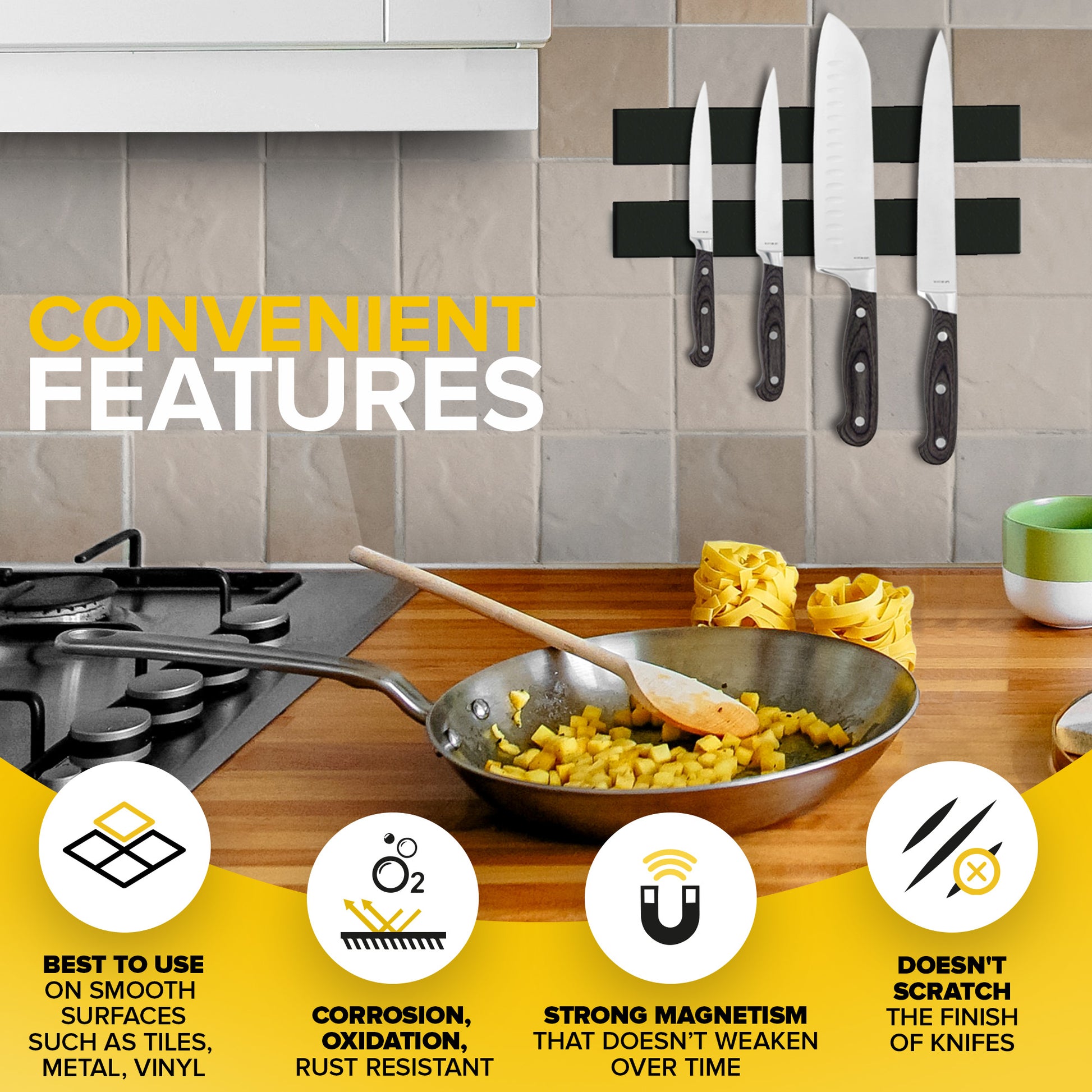 Adhesive Magnetic Strip - Knife Holder - Kitchen Utensil Holder - Tool Holder for Garage - Kitchen Organizer - 2 PCs